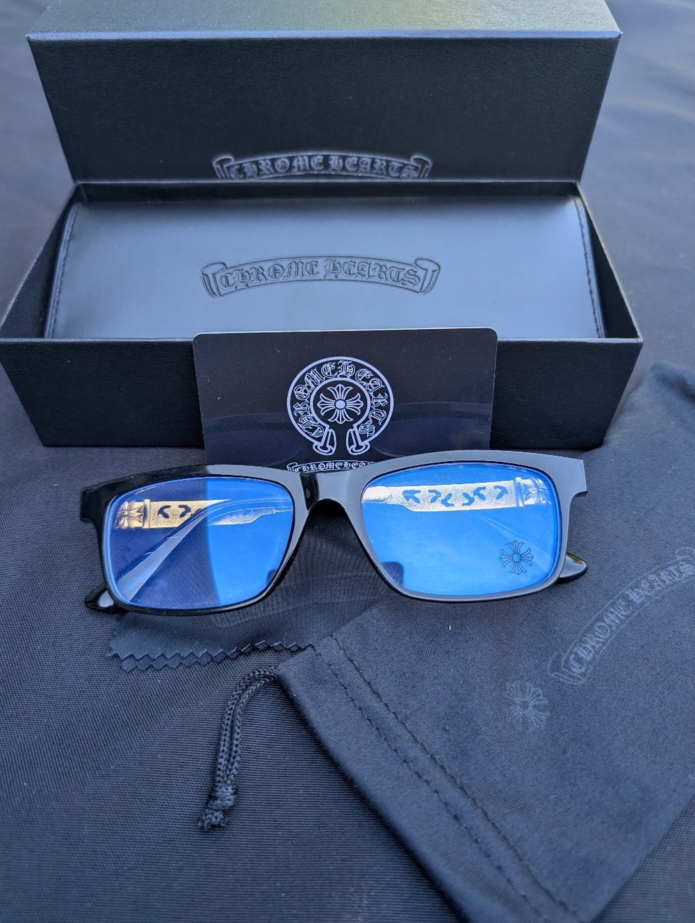 Chrome Hearts Men’s Black Frame Sunglasses with Blue Lenses